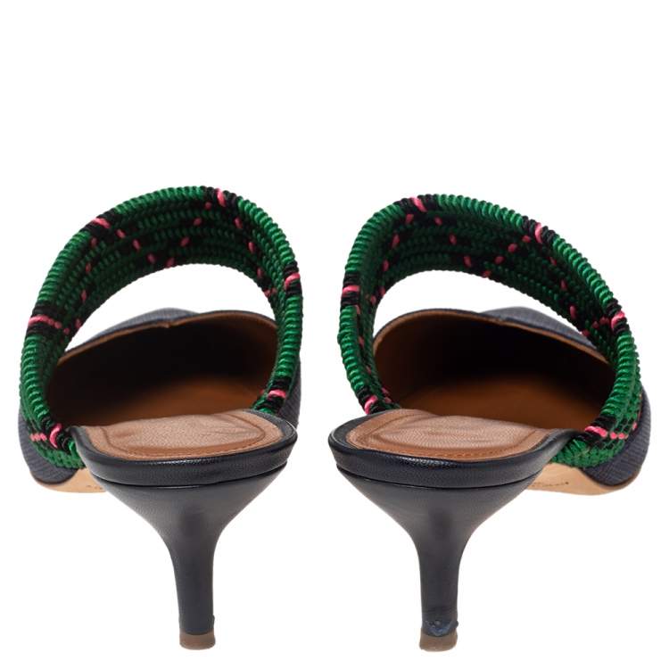 Pre Owned Malone Souliers Navy Blue/Green Raffia and Fabric Maisie Mules Size 38.5