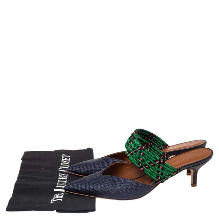 Pre Owned Malone Souliers Navy Blue/Green Raffia and Fabric Maisie Mules Size 38.5