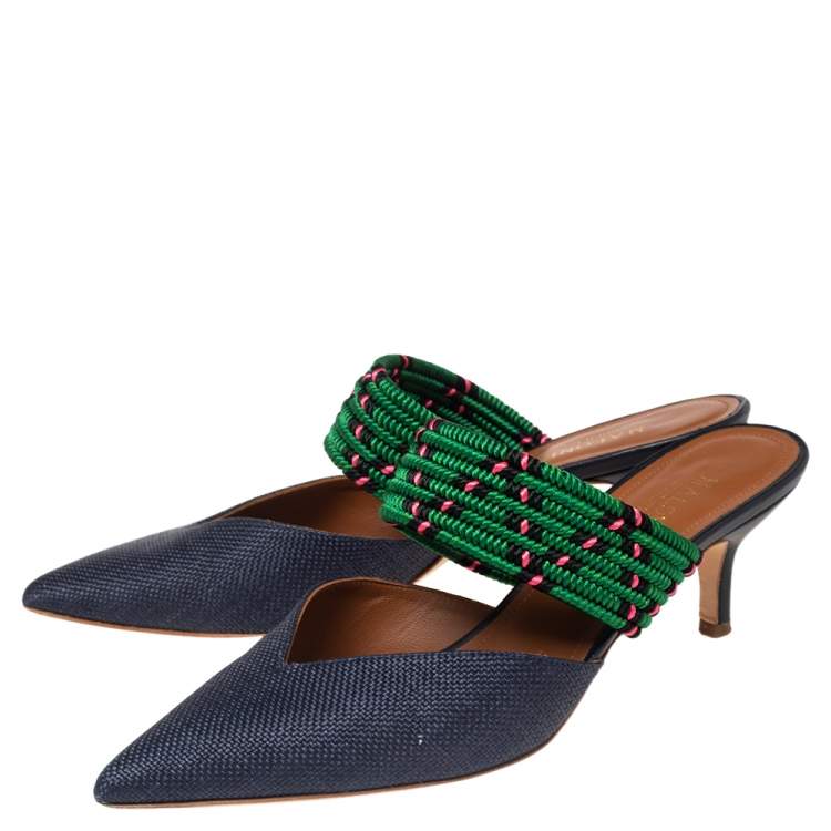 Pre Owned Malone Souliers Navy Blue/Green Raffia and Fabric Maisie Mules Size 38.5