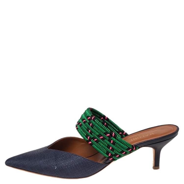 Pre Owned Malone Souliers Navy Blue/Green Raffia and Fabric Maisie Mules Size 38.5