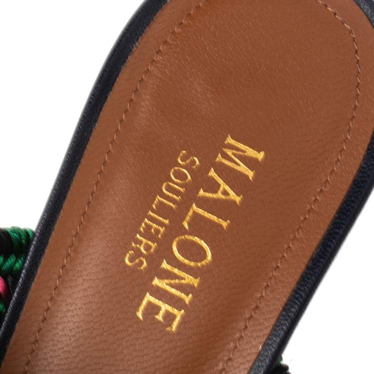 Pre Owned Malone Souliers Navy Blue/Green Raffia and Fabric Maisie Mules Size 38.5