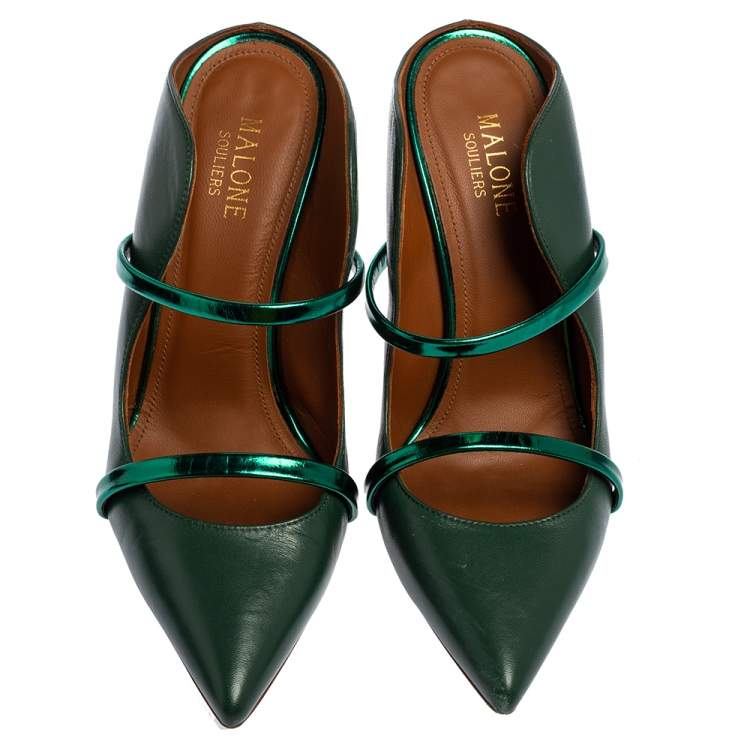 Pre Owned Malone Souliers Green Leather Maureen Pointed Toe Mule Sandals Size 37
