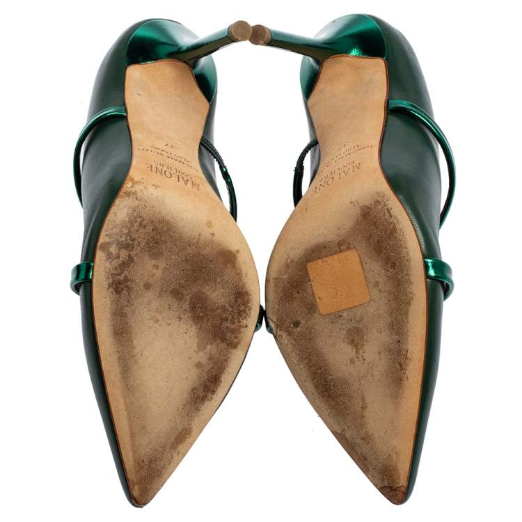 Pre Owned Malone Souliers Green Leather Maureen Pointed Toe Mule Sandals Size 37