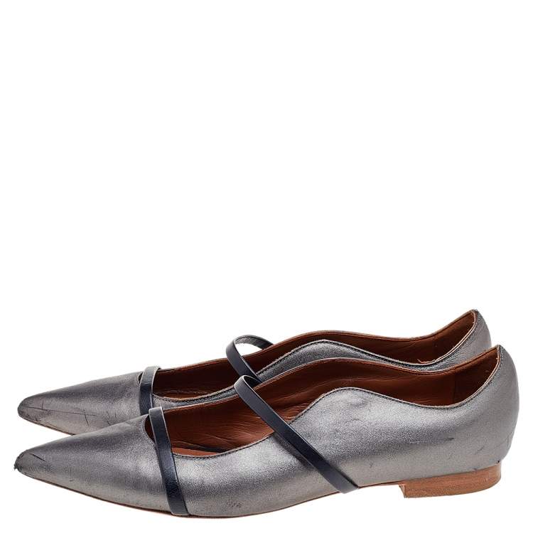 Pre Owned Malone Souliers Metallic Grey Leather Maureen  Ballet Flats Size 37