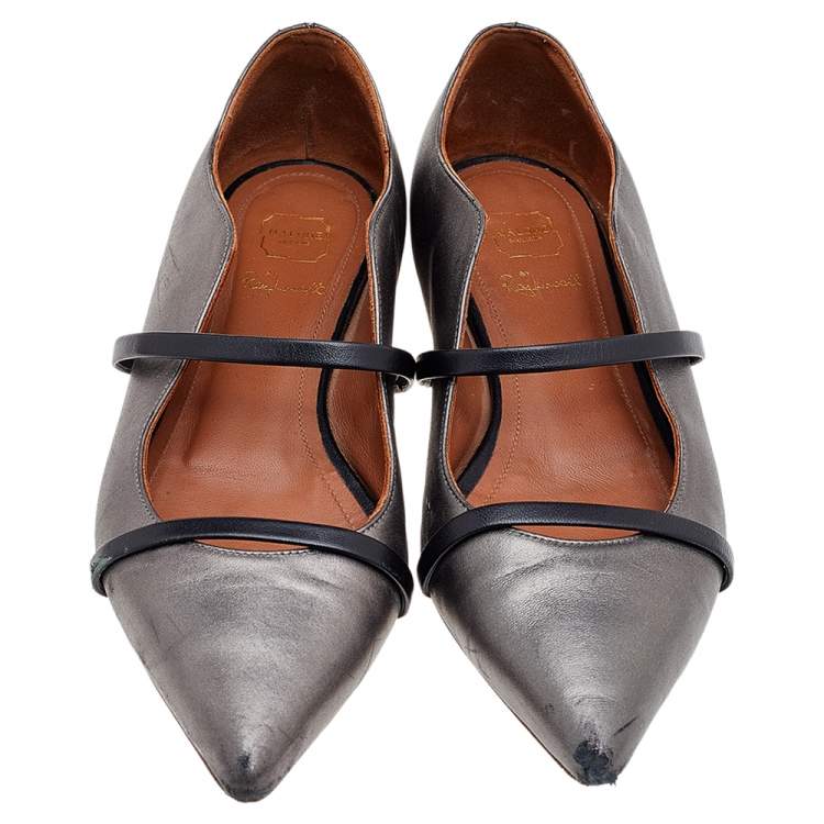 Pre Owned Malone Souliers Metallic Grey Leather Maureen  Ballet Flats Size 37