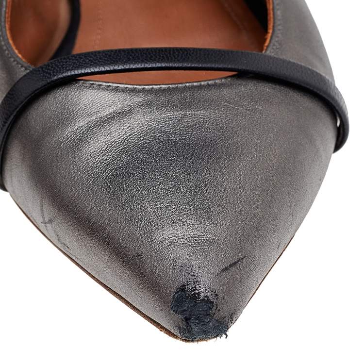 Pre Owned Malone Souliers Metallic Grey Leather Maureen  Ballet Flats Size 37
