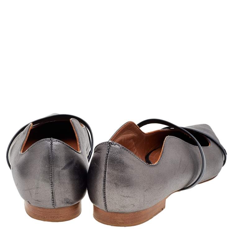 Pre Owned Malone Souliers Metallic Grey Leather Maureen  Ballet Flats Size 37