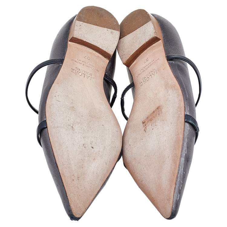 Pre Owned Malone Souliers Metallic Grey Leather Maureen  Ballet Flats Size 37