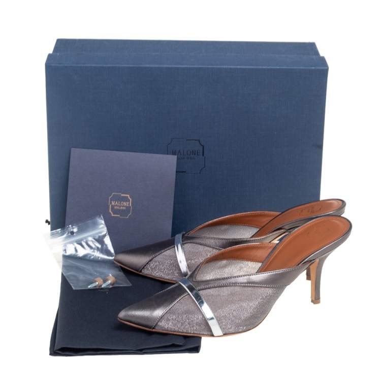 Pre Owned Malone Souliers Metalic Grey Mesh And Leather Bobbi Mule Sandals Size 37 