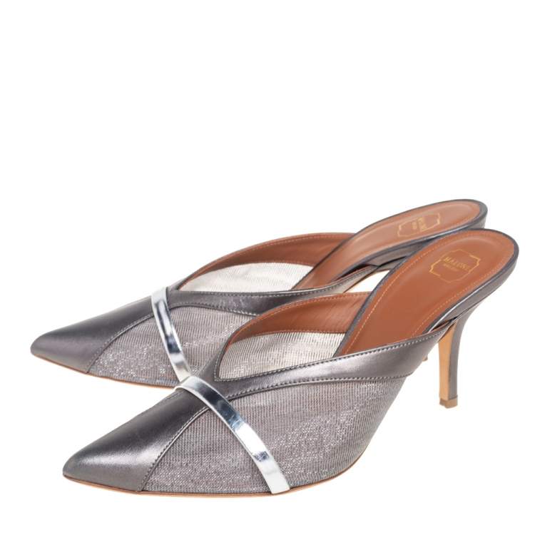 Pre Owned Malone Souliers Metalic Grey Mesh And Leather Bobbi Mule Sandals Size 37 