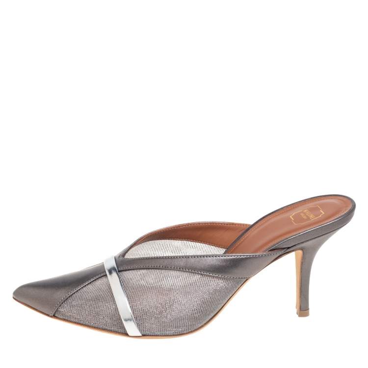 Pre Owned Malone Souliers Metalic Grey Mesh And Leather Bobbi Mule Sandals Size 37 