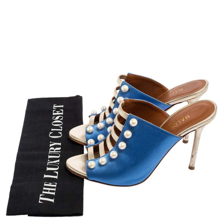 Pre Owned  Malone Souliers Blue/Gold Leather And Satin Zada Mule Sandals Size 36