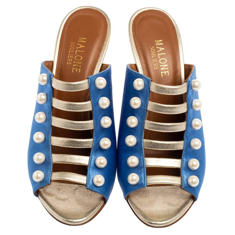 Pre Owned  Malone Souliers Blue/Gold Leather And Satin Zada Mule Sandals Size 36