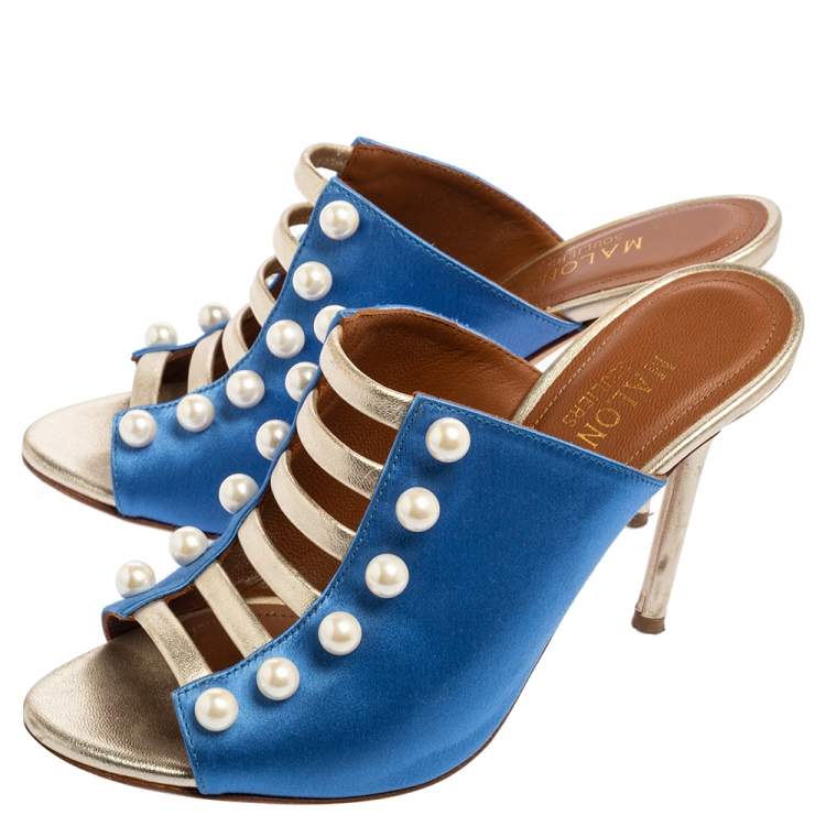 Pre Owned  Malone Souliers Blue/Gold Leather And Satin Zada Mule Sandals Size 36
