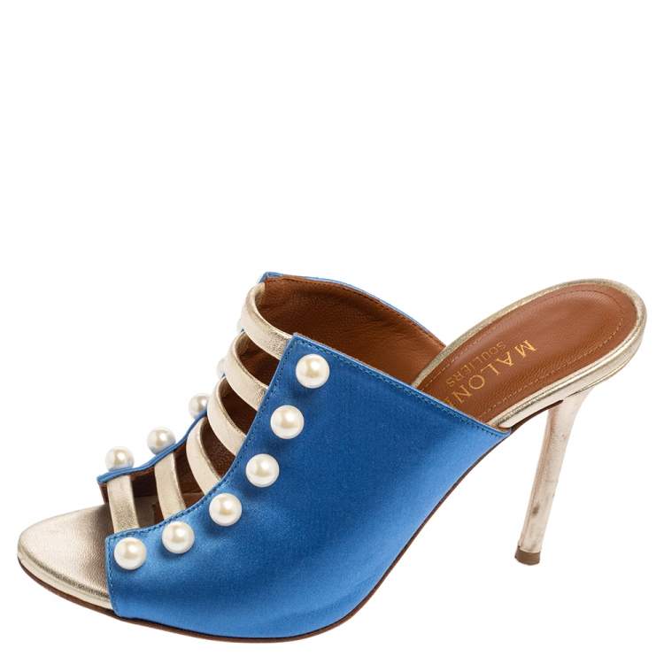 Pre Owned  Malone Souliers Blue/Gold Leather And Satin Zada Mule Sandals Size 36