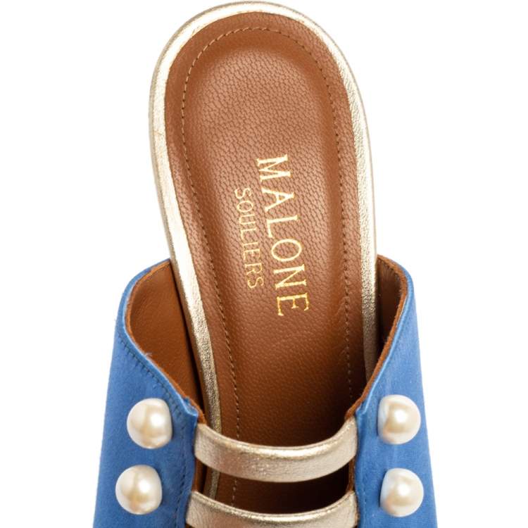 Pre Owned  Malone Souliers Blue/Gold Leather And Satin Zada Mule Sandals Size 36