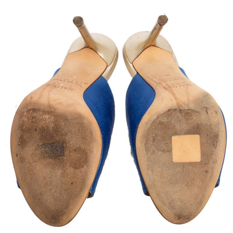Pre Owned  Malone Souliers Blue/Gold Leather And Satin Zada Mule Sandals Size 36