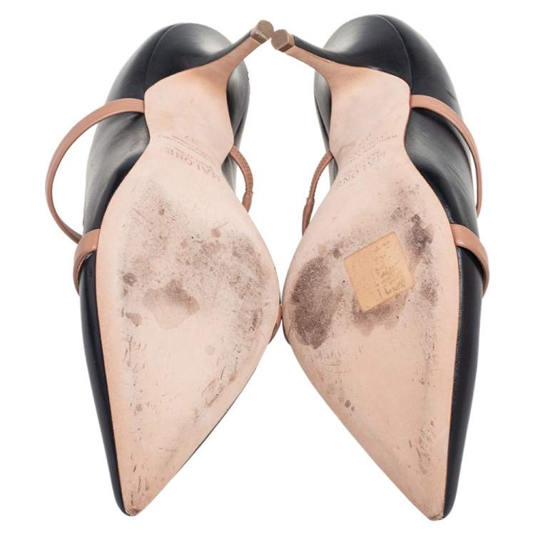 Pre Owned Malone Souliers Black/Beige Leather Maureen Pointed Toe Mules Size 37