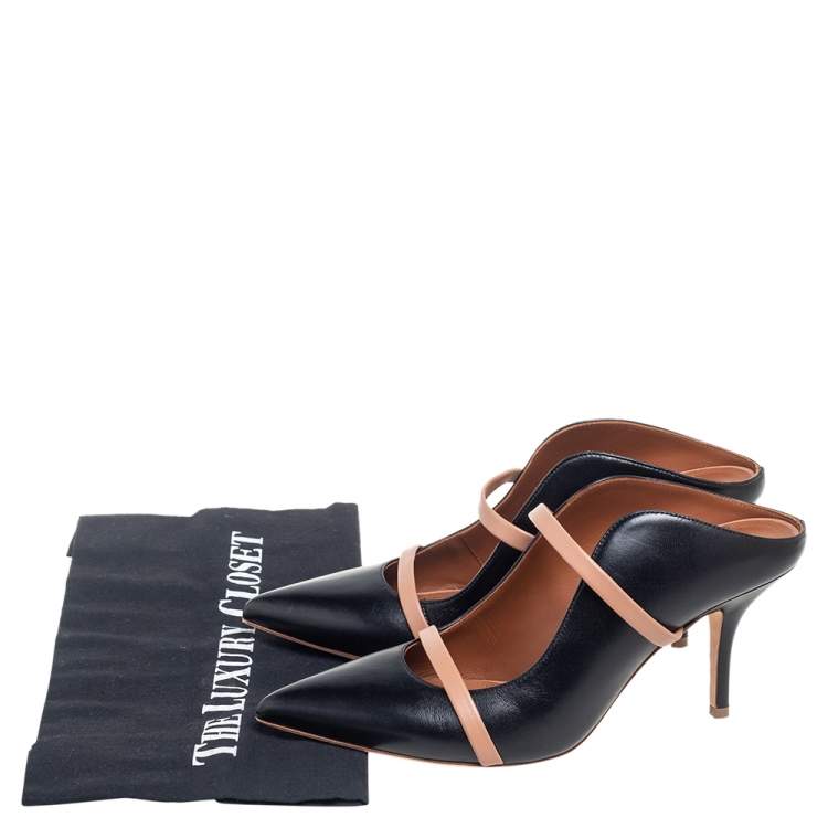 Pre Owned Malone Souliers Black/Beige Leather Maureen Pointed Toe Mules Size 37