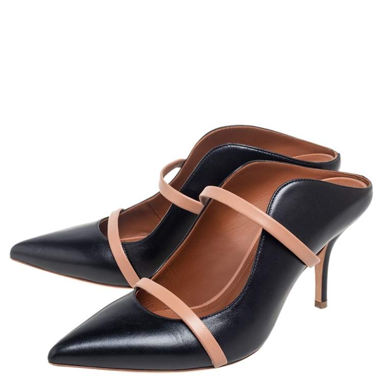 Pre Owned Malone Souliers Black/Beige Leather Maureen Pointed Toe Mules Size 37