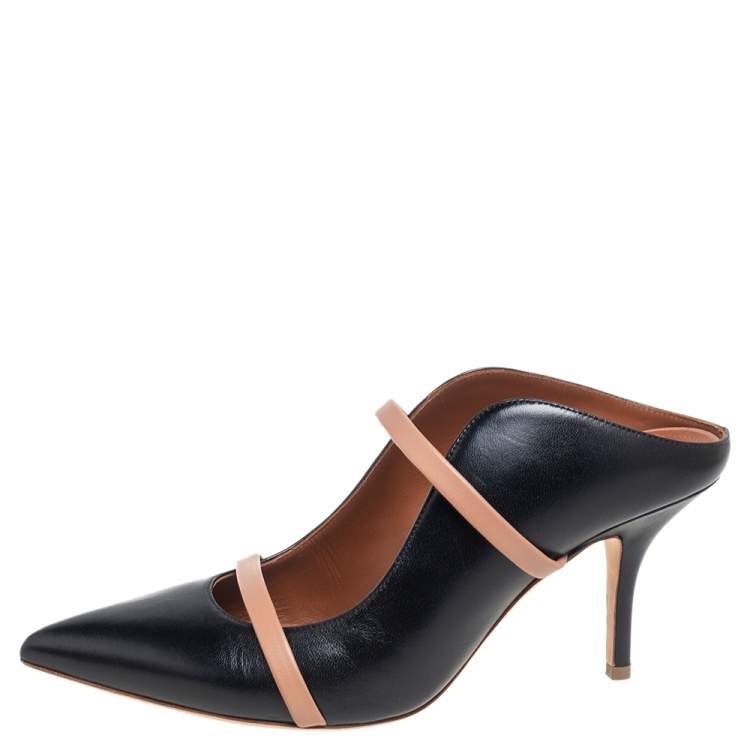 Pre Owned Malone Souliers Black/Beige Leather Maureen Pointed Toe Mules Size 37