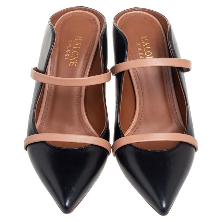 Pre Owned Malone Souliers Black/Beige Leather Maureen Pointed Toe Mules Size 37
