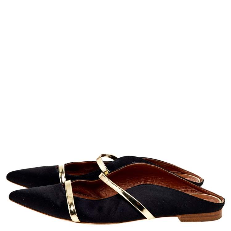Pre Owned Malone Souliers Black/Gold Satin and Leather Maureen Mules Size 41