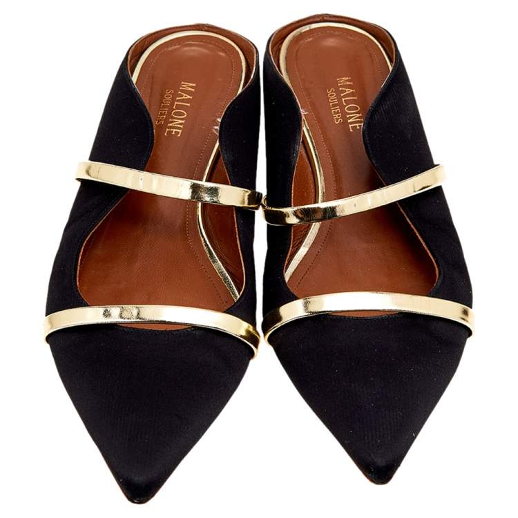 Pre Owned Malone Souliers Black/Gold Satin and Leather Maureen Mules Size 41