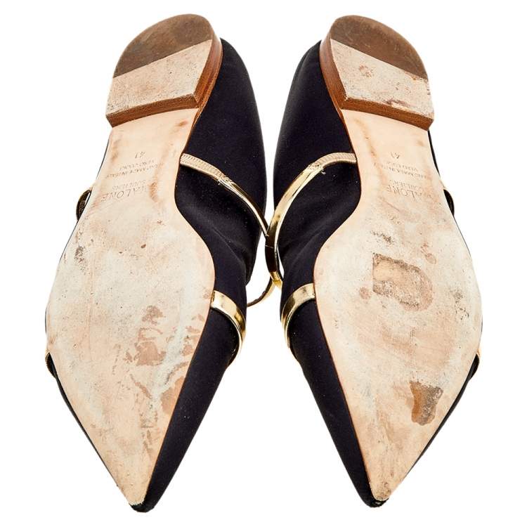 Pre Owned Malone Souliers Black/Gold Satin and Leather Maureen Mules Size 41