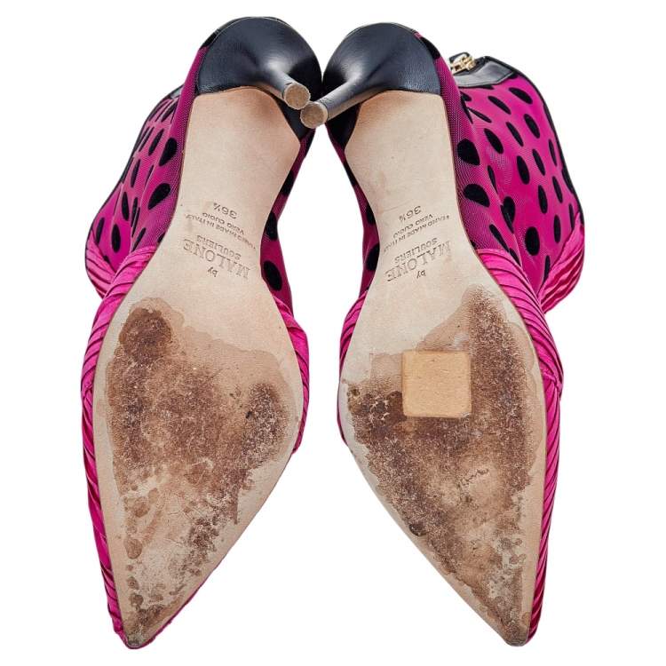 Pre Owned Malone Souliers x Emanuel Ungaro Pink/Black Satin and Mesh Charlise Ankle Boots Size 36.5