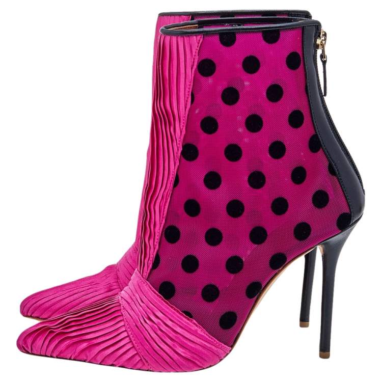 Pre Owned Malone Souliers x Emanuel Ungaro Pink/Black Satin and Mesh Charlise Ankle Boots Size 36.5