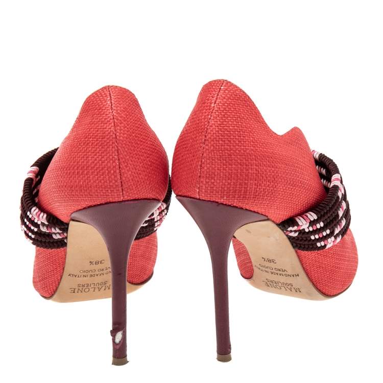Pre Owned Malone Souliers Red Raffia And Fabric Mannie Pointed-Toe Pumps Size 38.5
