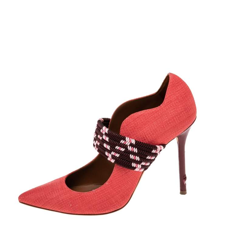 Pre Owned Malone Souliers Red Raffia And Fabric Mannie Pointed-Toe Pumps Size 38.5