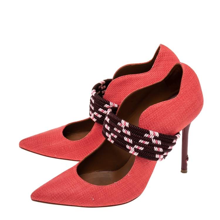 Pre Owned Malone Souliers Red Raffia And Fabric Mannie Pointed-Toe Pumps Size 38.5