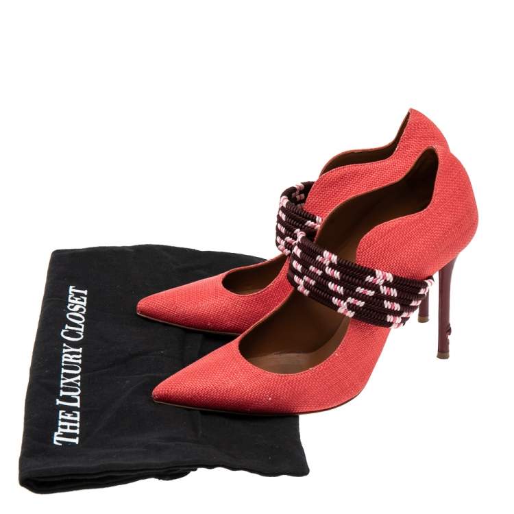 Pre Owned Malone Souliers Red Raffia And Fabric Mannie Pointed-Toe Pumps Size 38.5