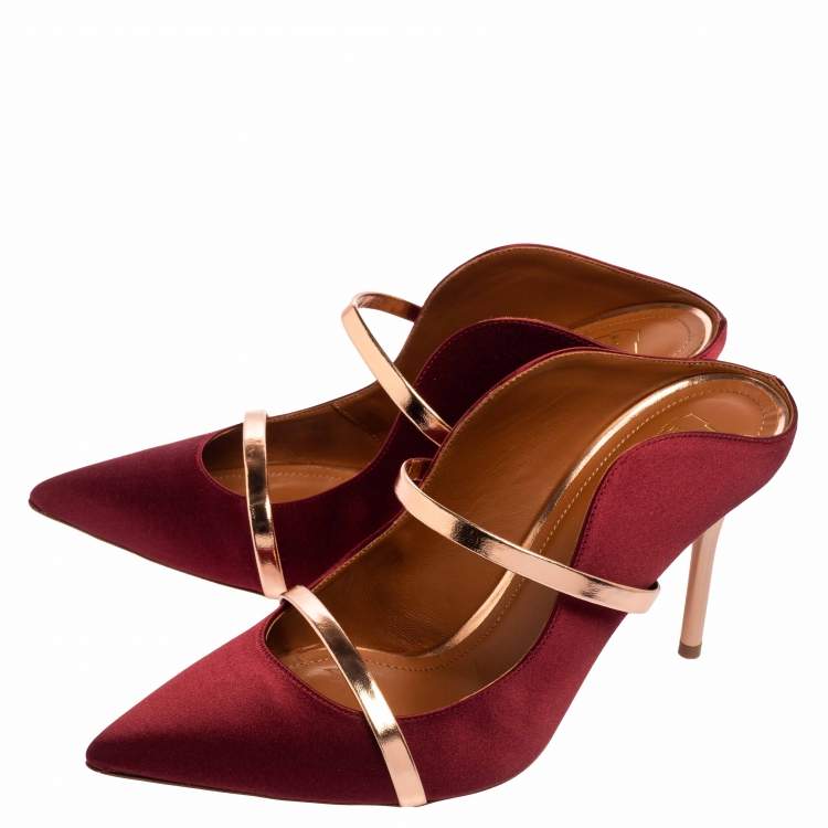 Pre Owned Malone Souliers Wine Satin and Leather Maureen Mule Sandals Size 39.5