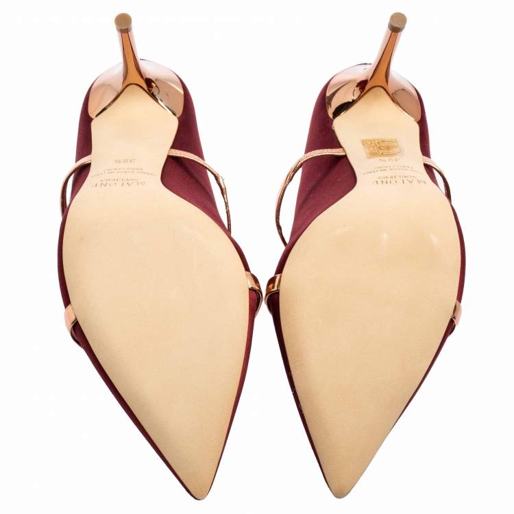 Pre Owned Malone Souliers Wine Satin and Leather Maureen Mule Sandals Size 39.5