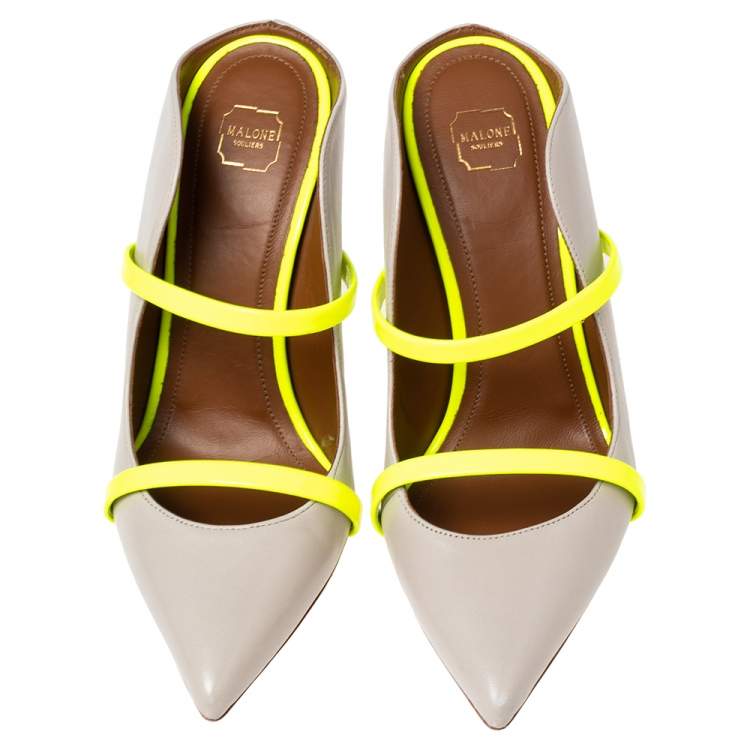 Pre Owned Malone Souliers Grey/Green Leather And Patent  Maureen Pointed Toe Mules Sandals Size 36