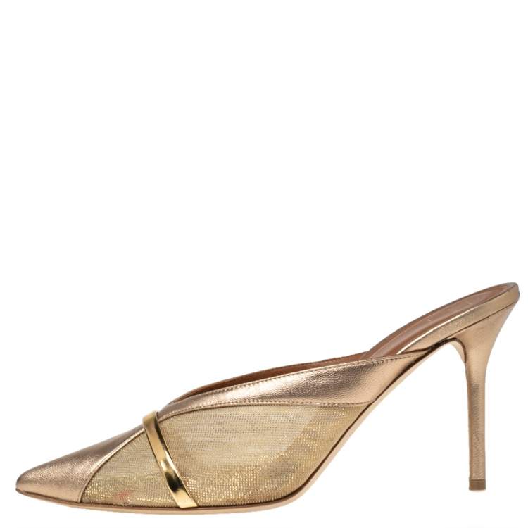 Pre Owned Malone Souliers Metalic Gold Net And Leather Bobbi Mule Sandals Size 39.5
