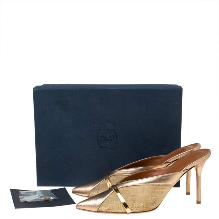 Pre Owned Malone Souliers Metalic Gold Net And Leather Bobbi Mule Sandals Size 39.5