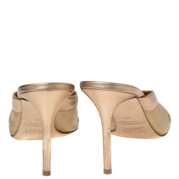 Pre Owned Malone Souliers Metalic Gold Net And Leather Bobbi Mule Sandals Size 39.5