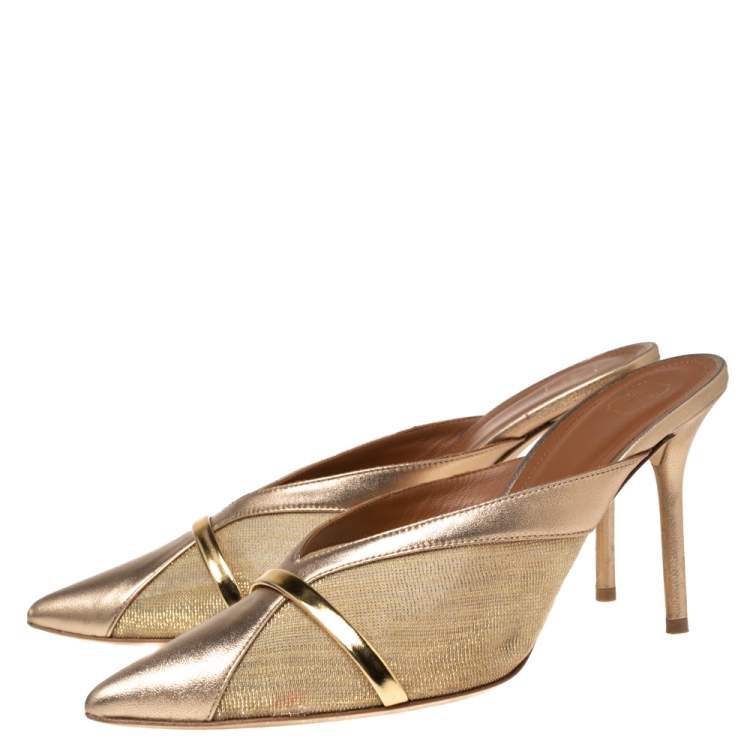 Pre Owned Malone Souliers Metalic Gold Net And Leather Bobbi Mule Sandals Size 39.5