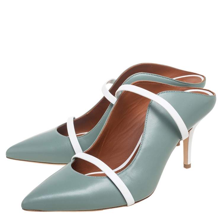 Pre Owned Malone Souliers Blue/White Leather Maureen Pointed Toe Mules Size 40