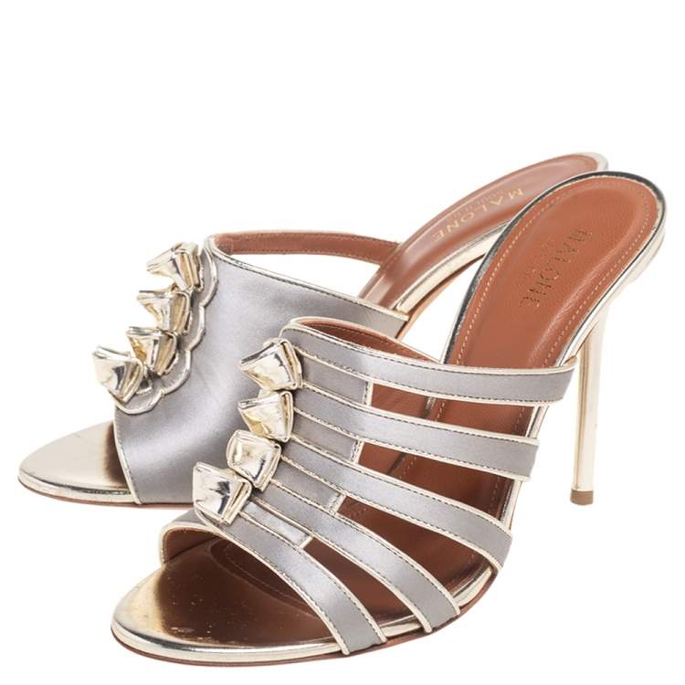Pre Owned Malone Souliers Metallic/Grey Satin Donna Open Toe Mules Size 39
