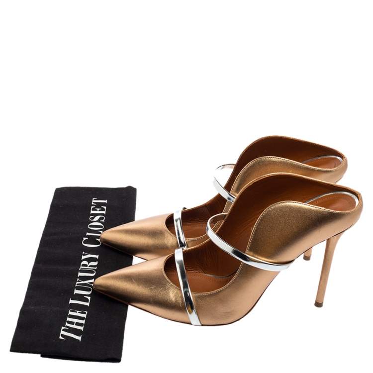 Pre Owned Malone Souliers Gold/Silver Metallic Leather and Patent Leather Maureen Pointed Toe Mule Sandals Size 40