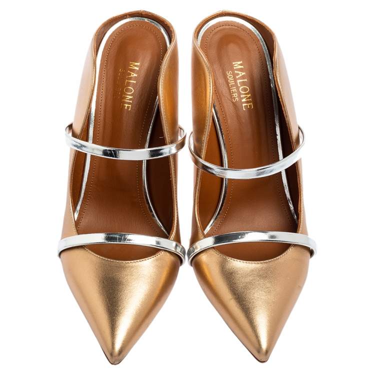Pre Owned Malone Souliers Gold/Silver Metallic Leather and Patent Leather Maureen Pointed Toe Mule Sandals Size 40