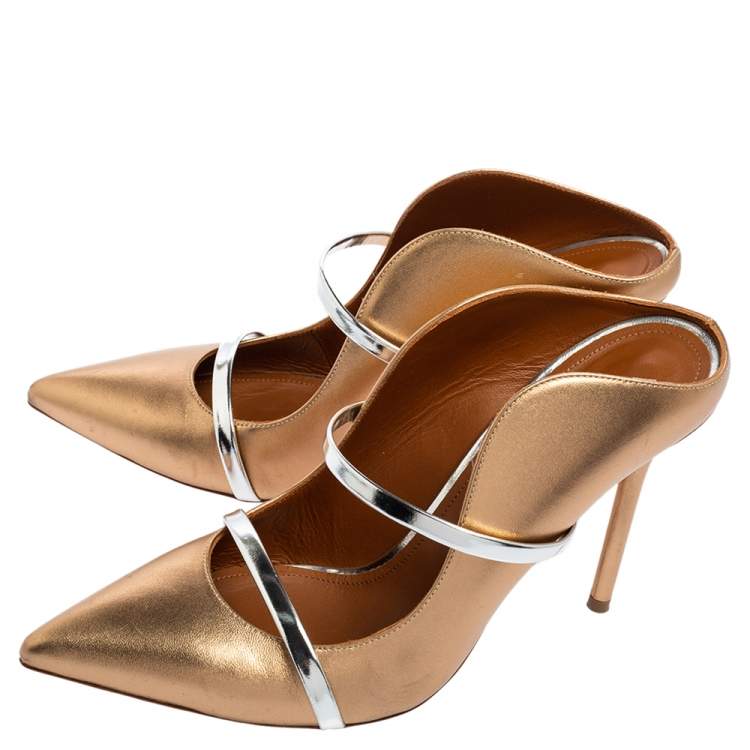 Pre Owned Malone Souliers Gold/Silver Metallic Leather and Patent Leather Maureen Pointed Toe Mule Sandals Size 40