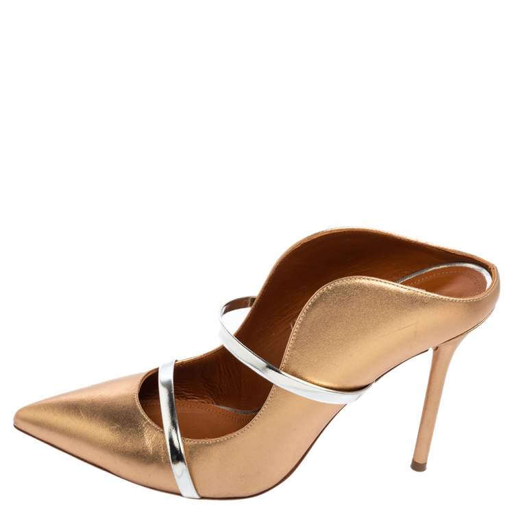 Pre Owned Malone Souliers Gold/Silver Metallic Leather and Patent Leather Maureen Pointed Toe Mule Sandals Size 40