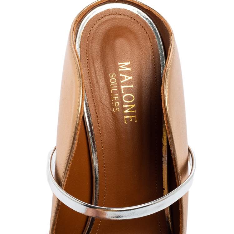 Pre Owned Malone Souliers Gold/Silver Metallic Leather and Patent Leather Maureen Pointed Toe Mule Sandals Size 40