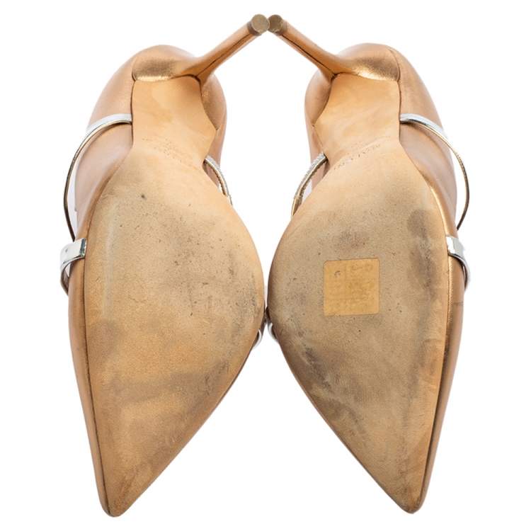 Pre Owned Malone Souliers Gold/Silver Metallic Leather and Patent Leather Maureen Pointed Toe Mule Sandals Size 40